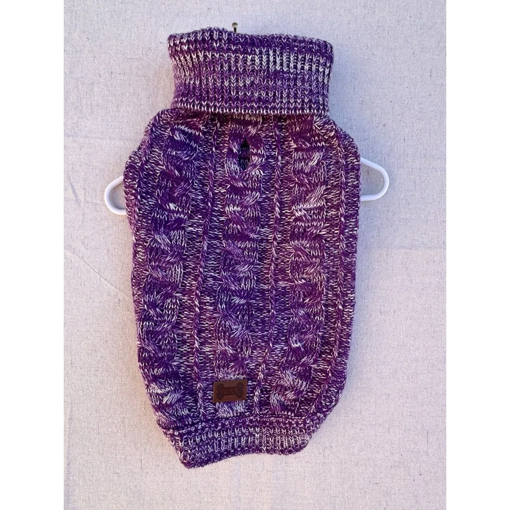 WOOF Purple Cable Knit Dog Sweater Turtleneck Pet Clothes Large Purple Marl